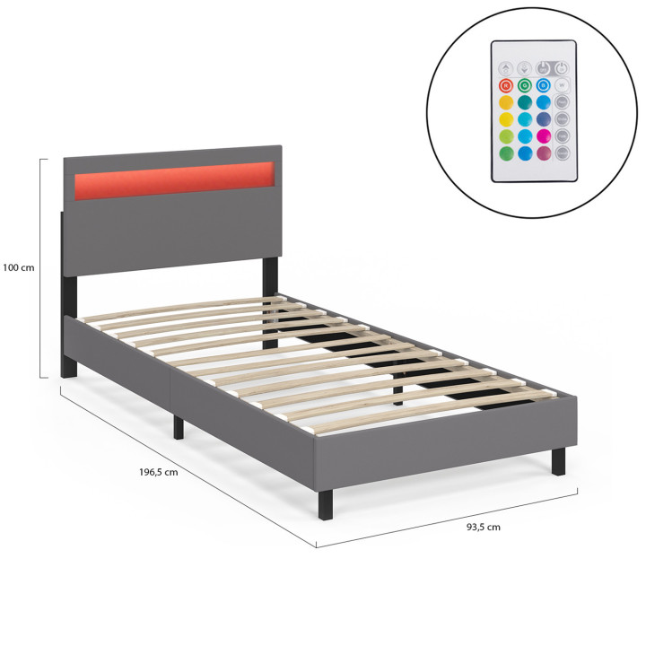 Cama individual con cabecero LED integrado y somier 90 x 190 cm PVC gris - NEO | IDMarket