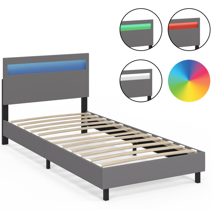 Cama individual con cabecero LED integrado y somier 90 x 190 cm PVC gris - NEO | IDMarket