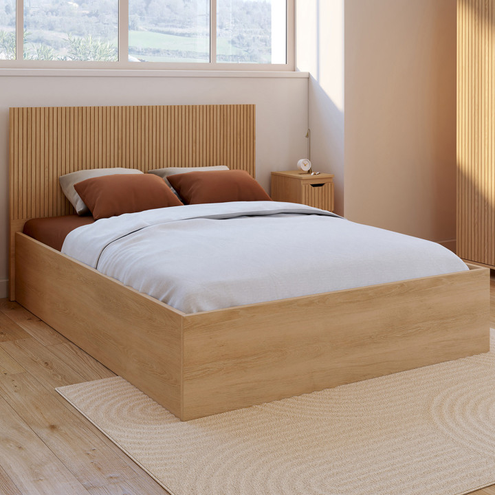 Cama doble arcón con cabecero y somier de láminas efecto madera 140 x 190 cm - JULIETTE | IDMarket