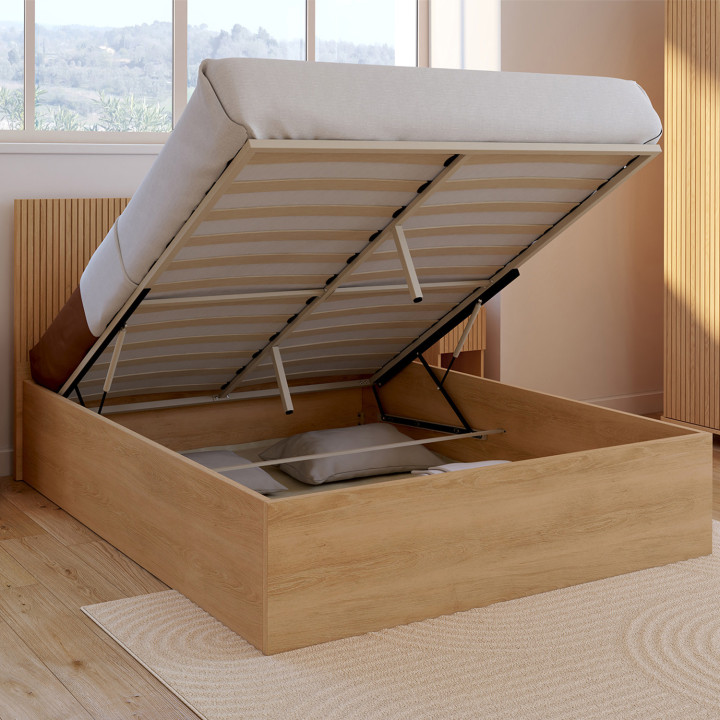 Doppeltes Kastenbett 140x190cm mit Kopfteil und Lattenrost mit Latteneffekt und Holz - JULIETTE | IdMarket