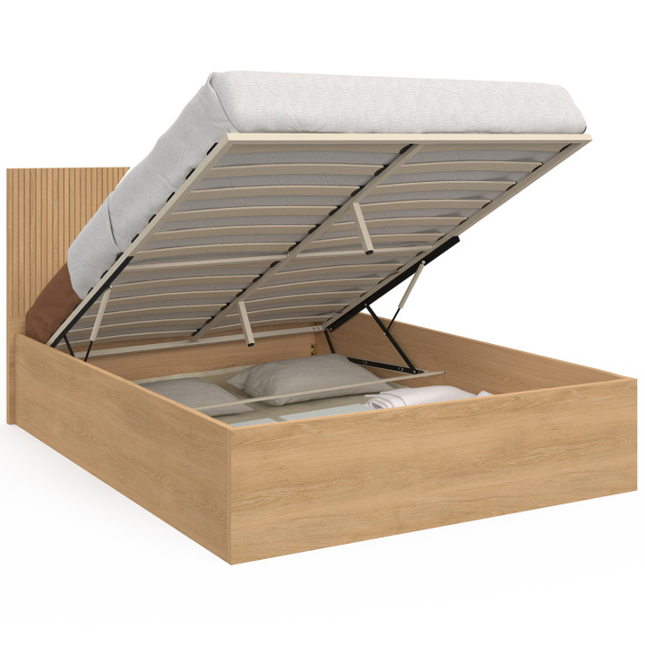 Cama doble arcón con cabecero y somier de láminas efecto madera 140 x 190 cm - JULIETTE | IDMarket