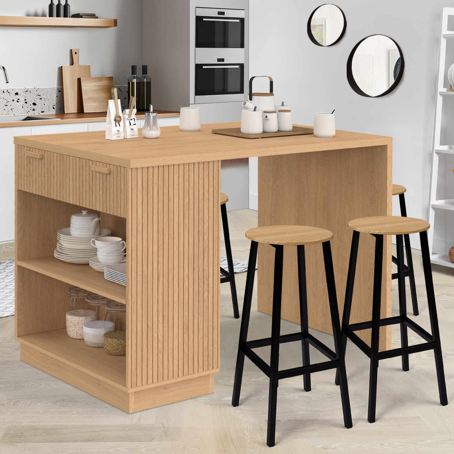 Ilot central mange-debout 4 personnes 130 cm lattes tasseau bois coloris chêne