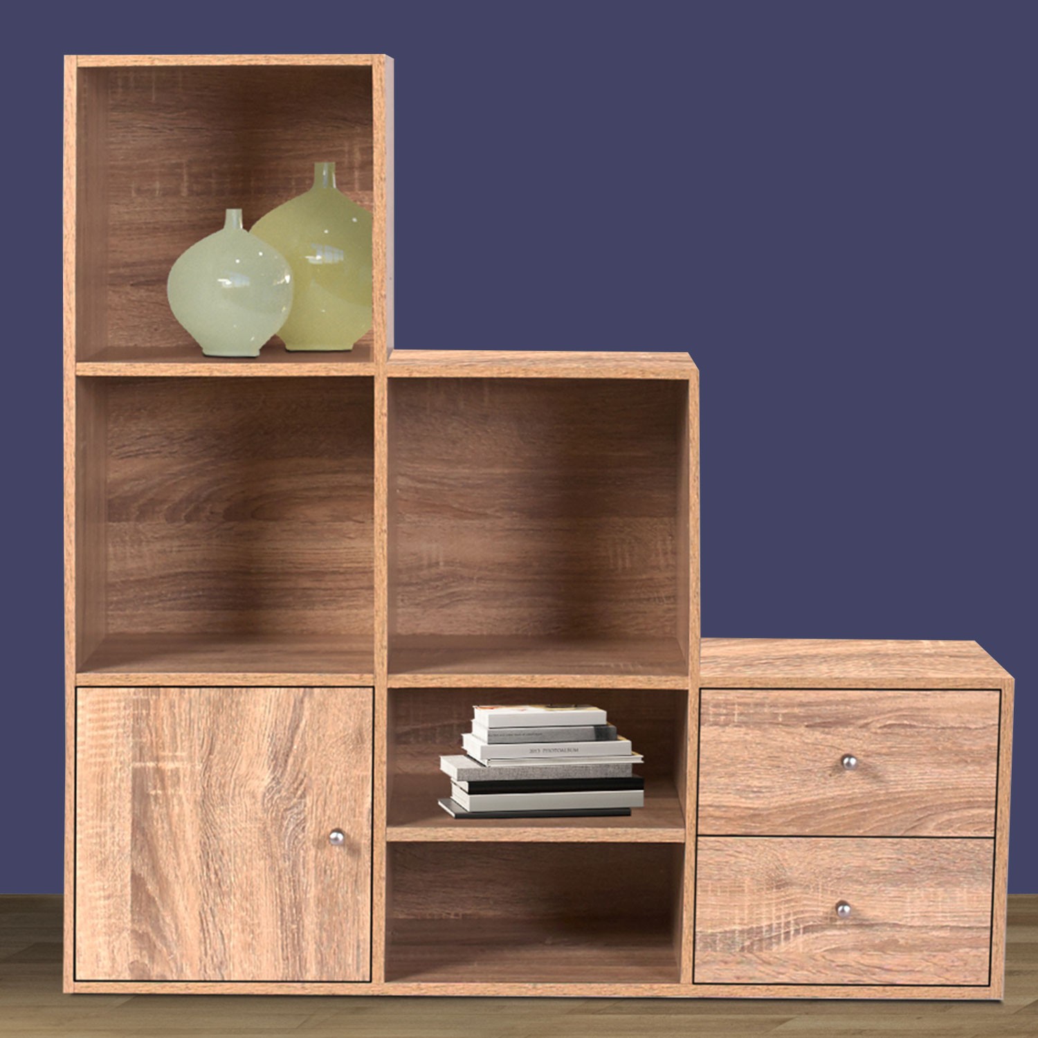 Meuble de rangement escalier 3 niveaux bois façon hêtre avec porte