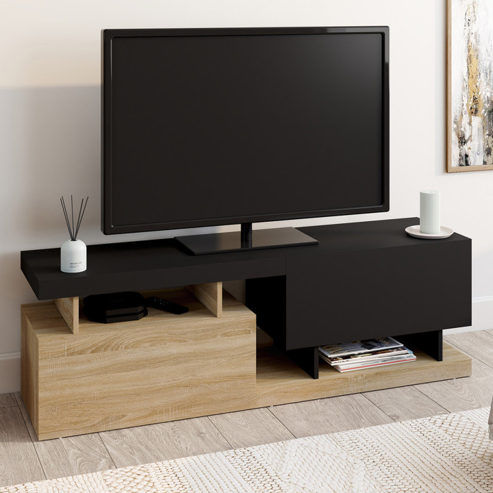 Mueble TV 140cm 2 puertas negro y efecto madera - ANGULO | IdMarket