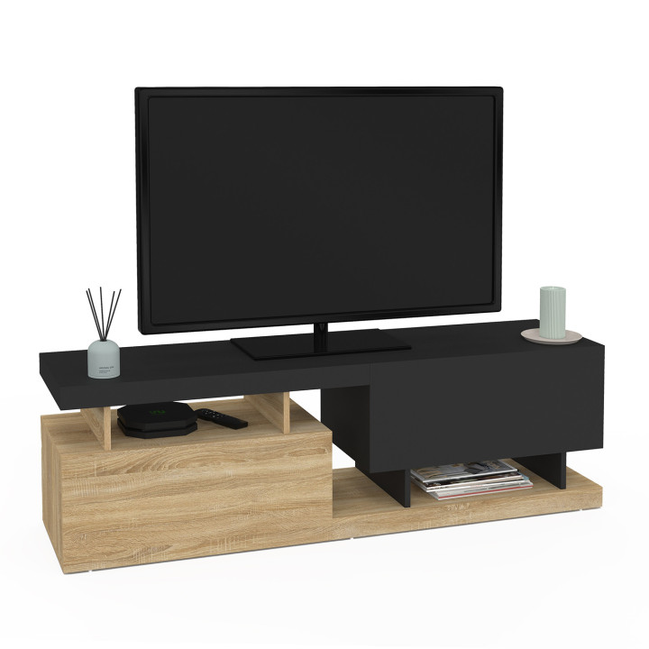 Mueble TV 140cm 2 puertas negro y efecto madera - ANGULO | IdMarket