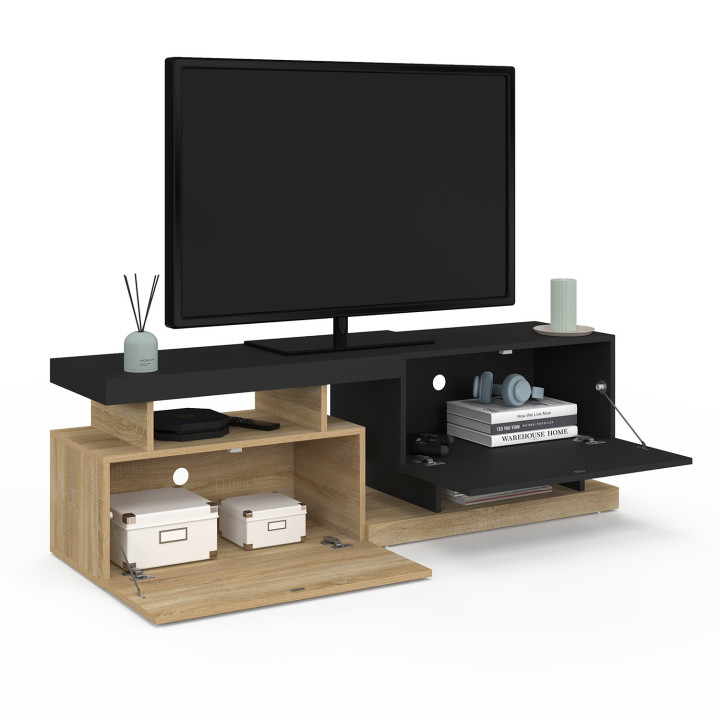 Mueble TV 140cm 2 puertas negro y efecto madera - ANGULO | IdMarket