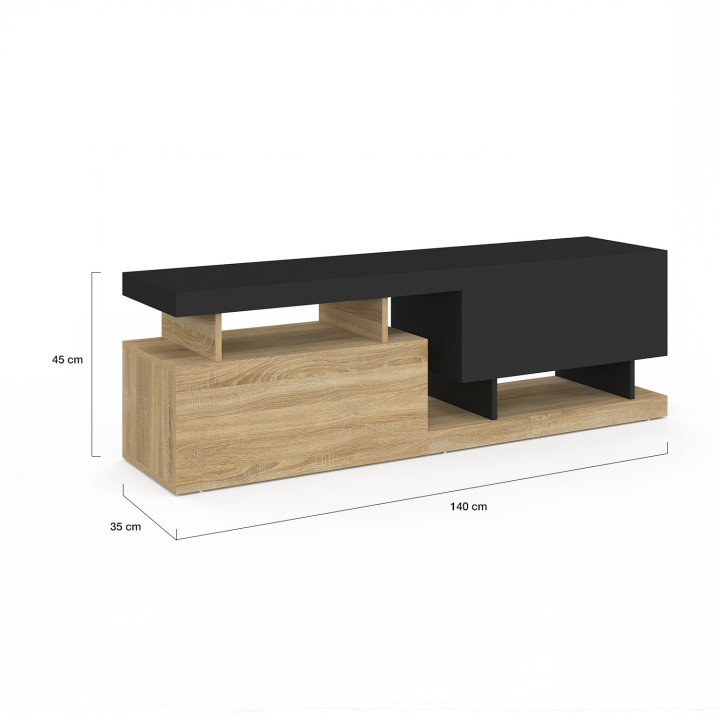 Mueble TV 140cm 2 puertas negro y efecto madera - ANGULO | IdMarket