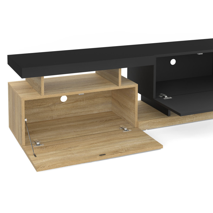 Mueble TV 140cm 2 puertas negro y efecto madera - ANGULO | IdMarket