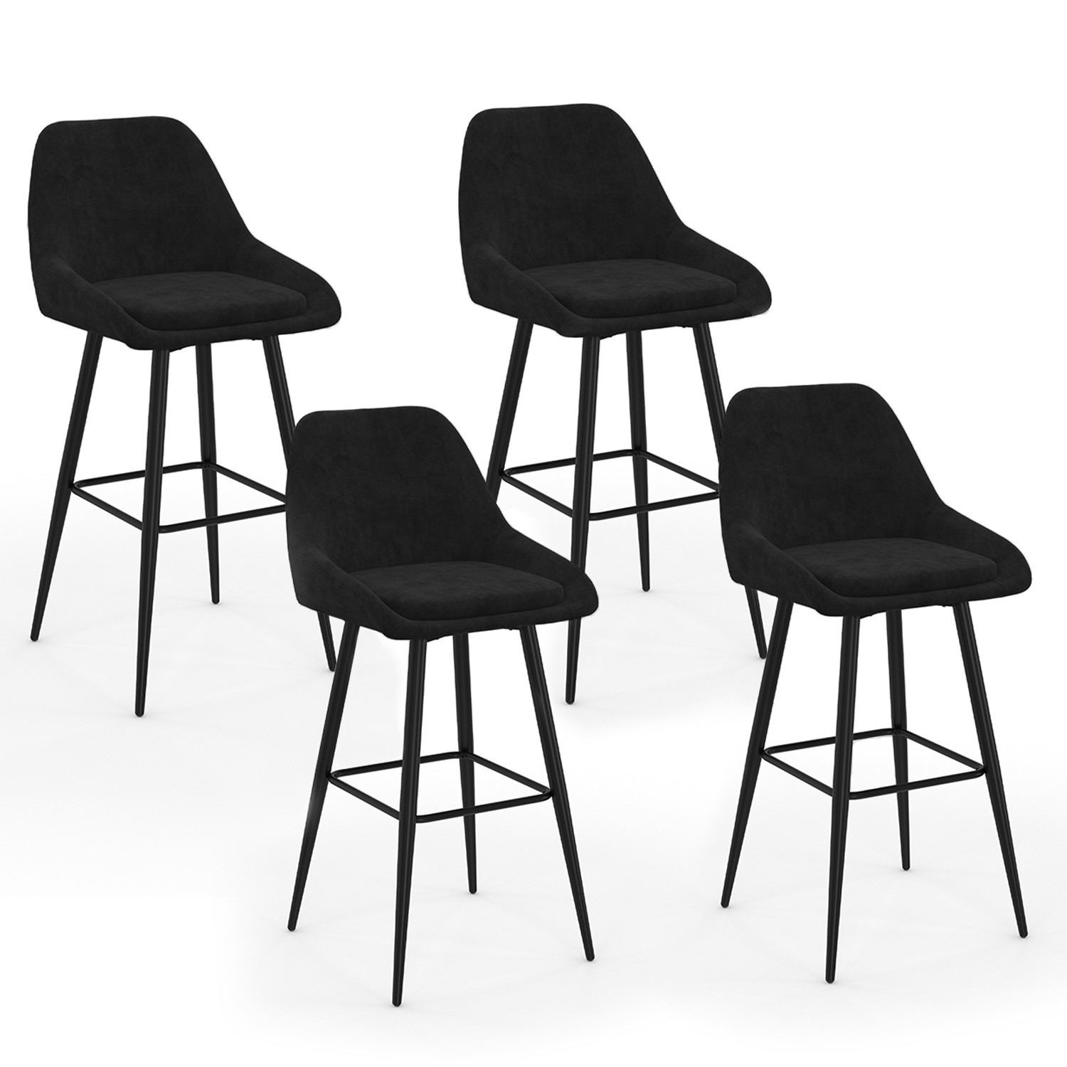 Lot de 4 tabourets de bar en velours noir rembourrés