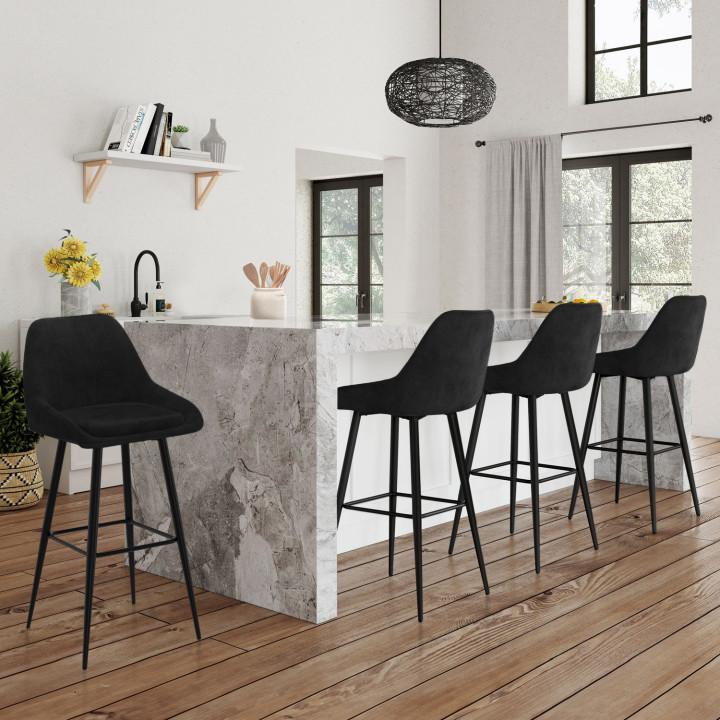 ¡Juego de 4 taburetes de bar de terciopelo negro con medio reposabrazos - THALYA | Zen Cart! IDMarket