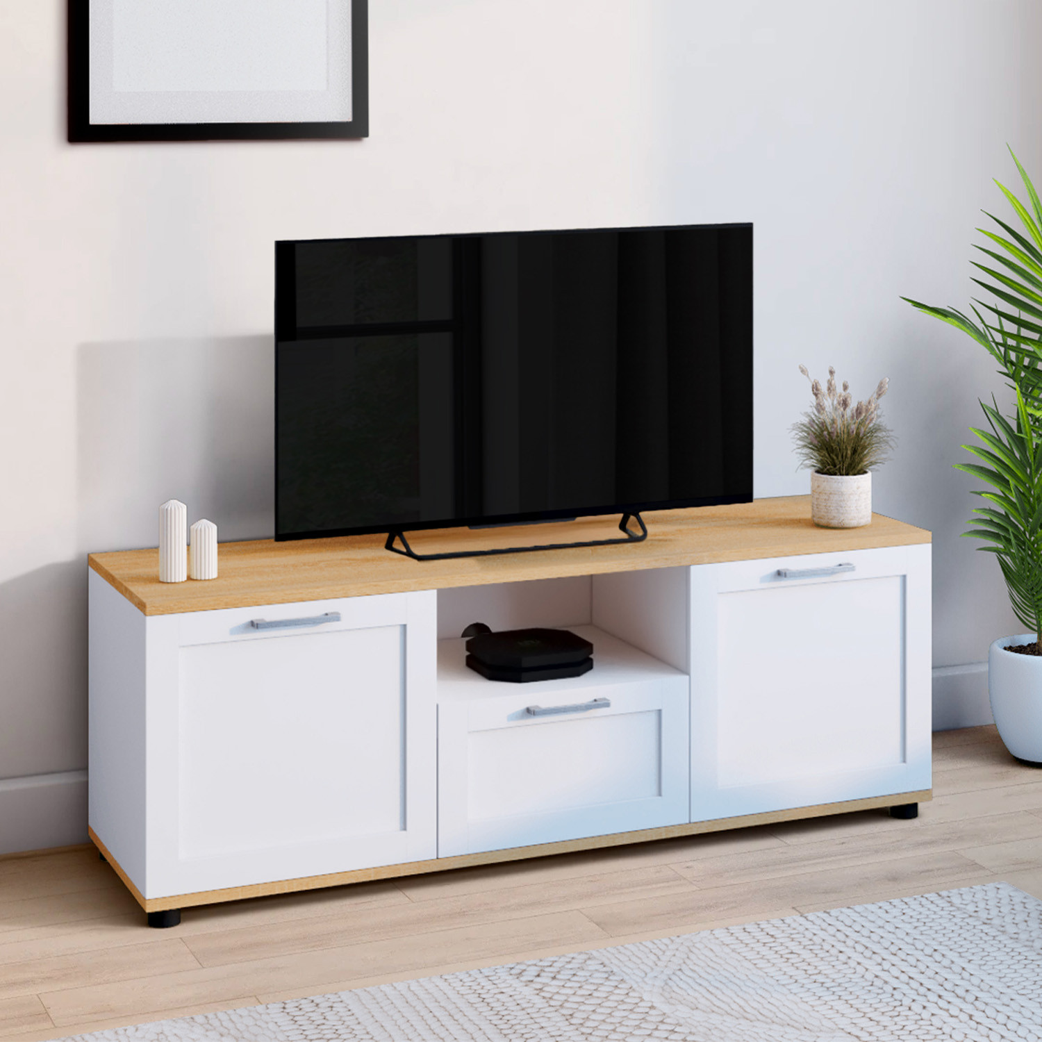 Meuble TV blanc et bois 110 cm avec tiroir et niche