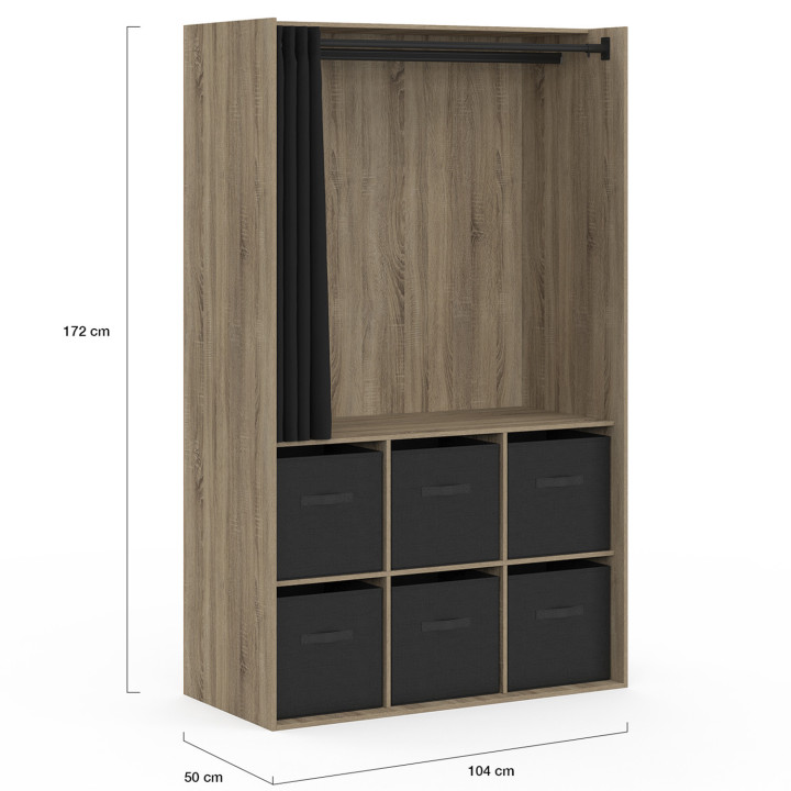 ¡Armario 104 x 50 x 172 cm haya con 6 cajas de almacenaje + cortina negra - DIANE | Zen Cart! IDMarket