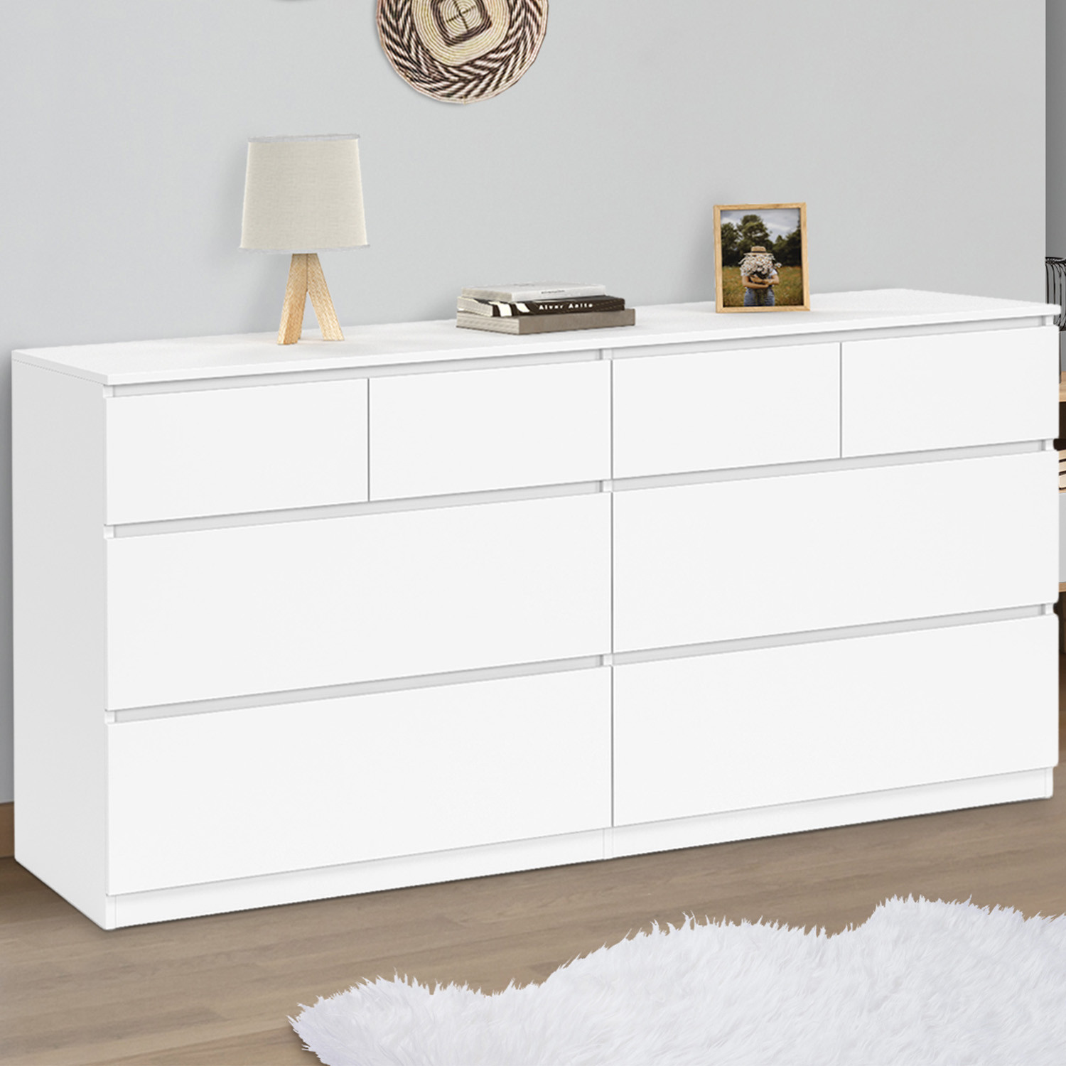Commode 160 cm avec 8 tiroirs bois et blanc