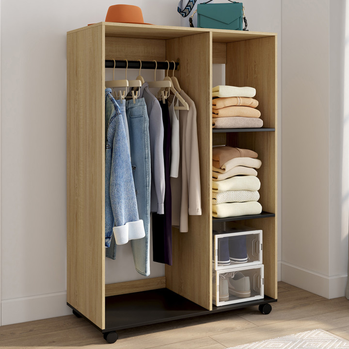 Garderobenschrank RACHEL 80 x 40 x 120 cm auf Rollen Buche und schwarz