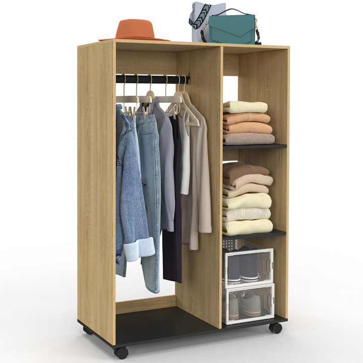 Garderobenschrank RACHEL 80 x 40 x 120 cm auf Rollen Buche und schwarz