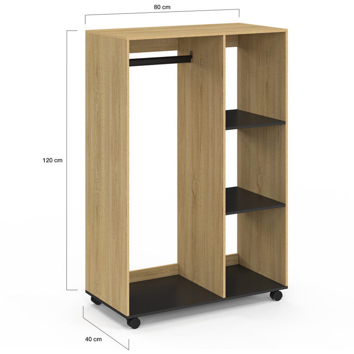 Garderobenschrank RACHEL 80 x 40 x 120 cm auf Rollen Buche und schwarz