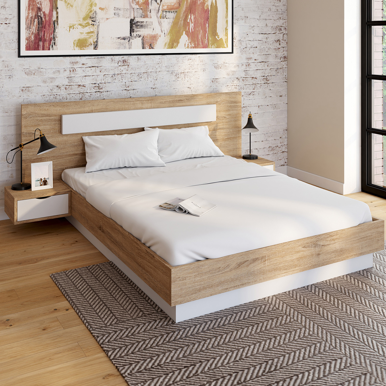 Lit double 140 x 190 cm avec tête de lit et tables de chevet bois et blanc