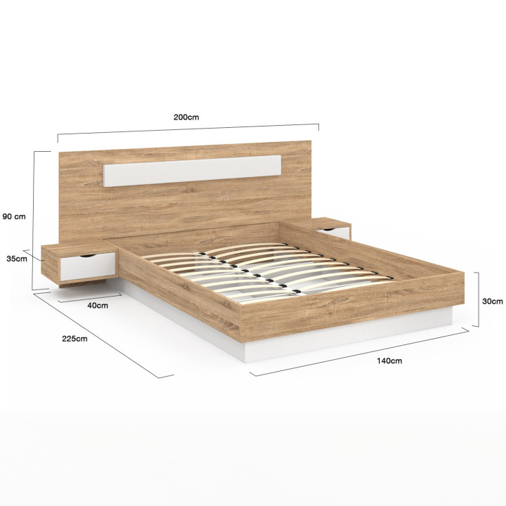 Cama matrimonio madera y blanco 140x190 con cabecero y mesitas de noche - SANTA | ID Market