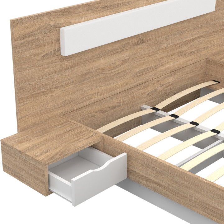 Cama matrimonio madera y blanco 140x190 con cabecero y mesitas de noche - SANTA | ID Market