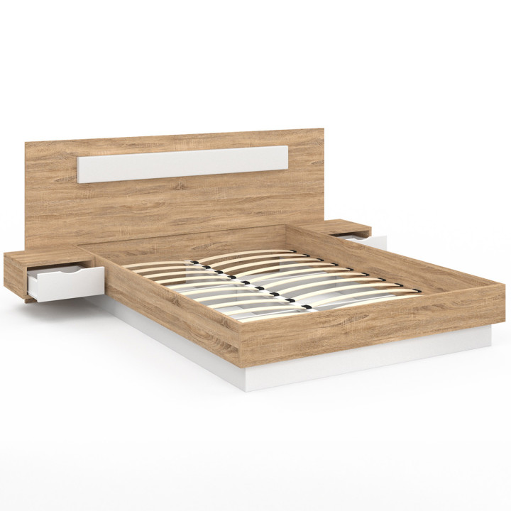 Cama matrimonio madera y blanco 140x190 con cabecero y mesitas de noche - SANTA | ID Market