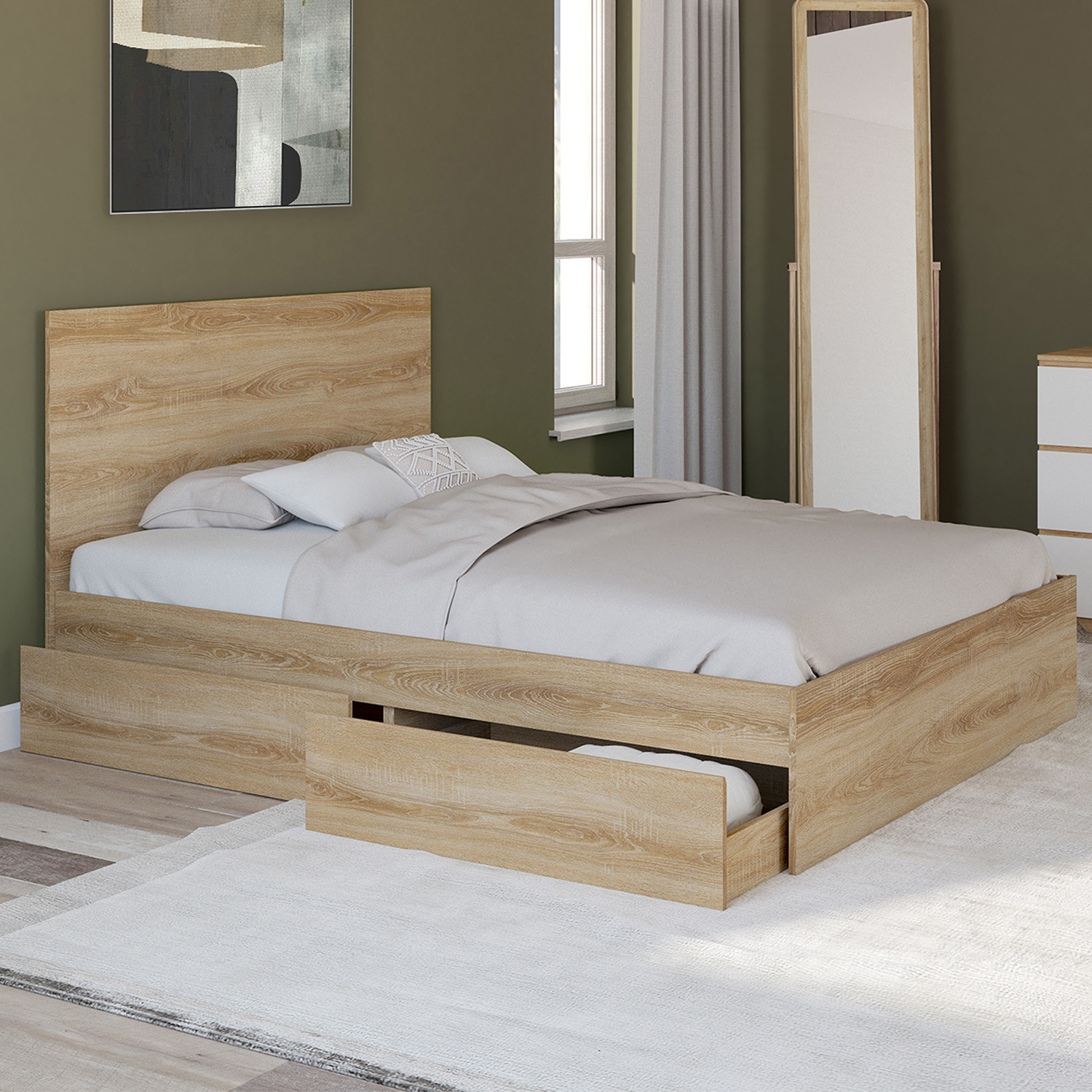 Lit double façon hêtre 4 tiroirs sur roulettes avec tête de lit