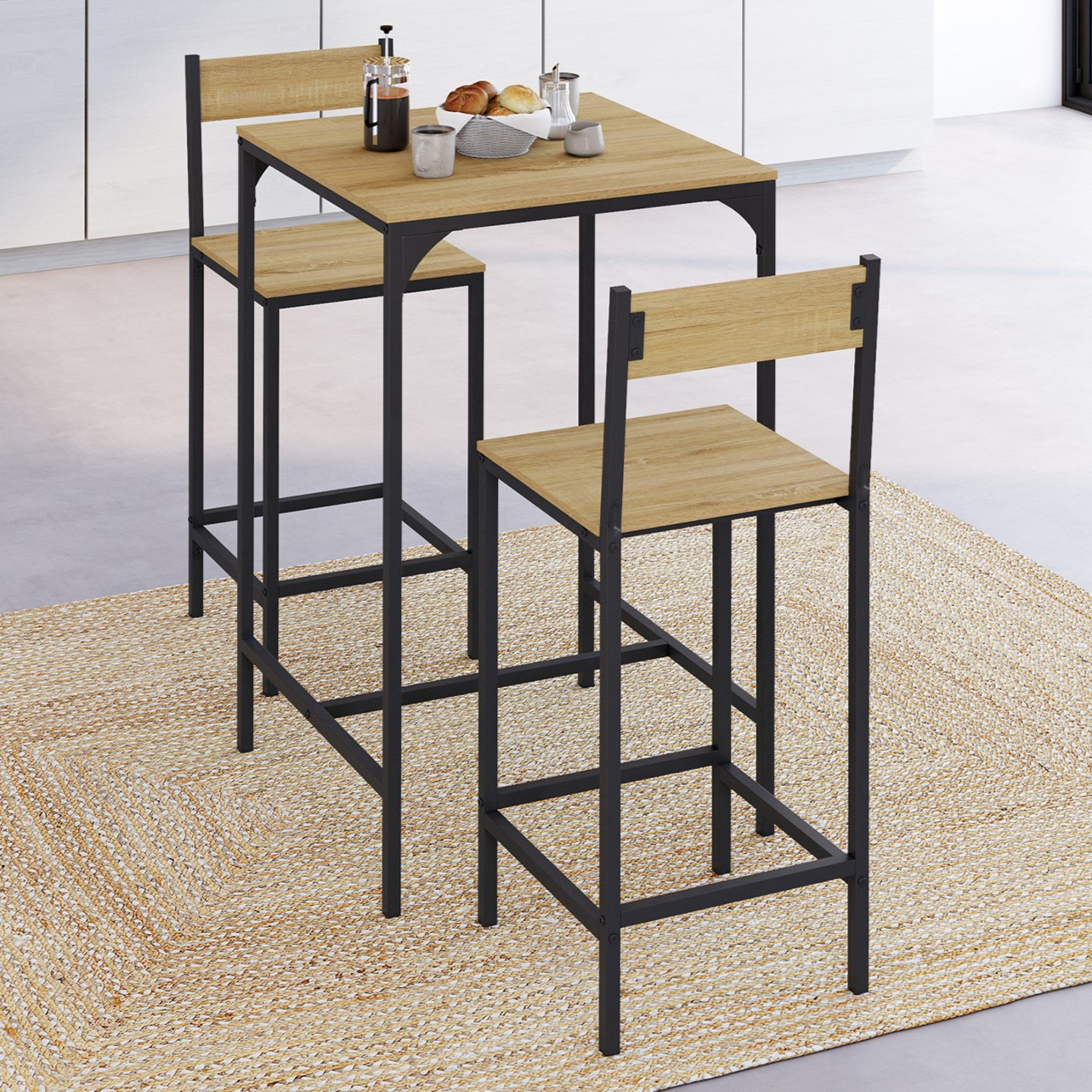 Ensemble table de bar carrée 60 cm et 2 chaises de bar design industriel