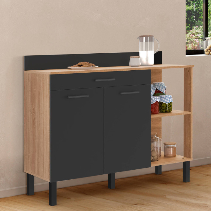 Cómoda de cocina baja 120cm puertas de madera de haya + cajón negro - CINA | ID Market