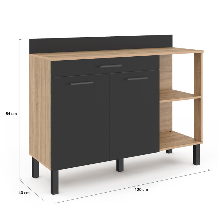 Cómoda de cocina baja 120cm puertas de madera de haya + cajón negro - CINA | ID Market