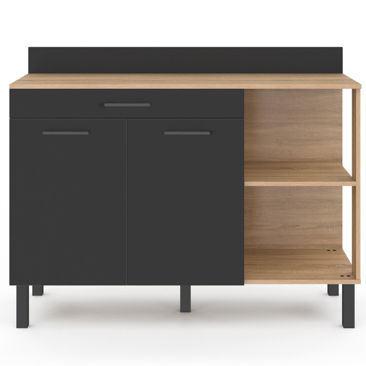 Cómoda de cocina baja 120cm puertas de madera de haya + cajón negro - CINA | ID Market