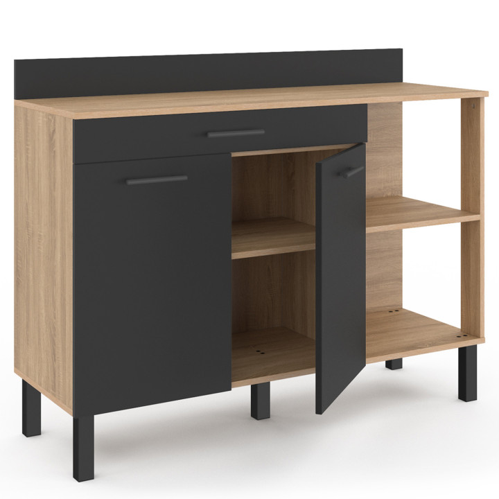 Cómoda de cocina baja 120cm puertas de madera de haya + cajón negro - CINA | ID Market