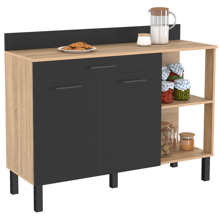 Cómoda de cocina baja 120cm puertas de madera de haya + cajón negro - CINA | ID Market
