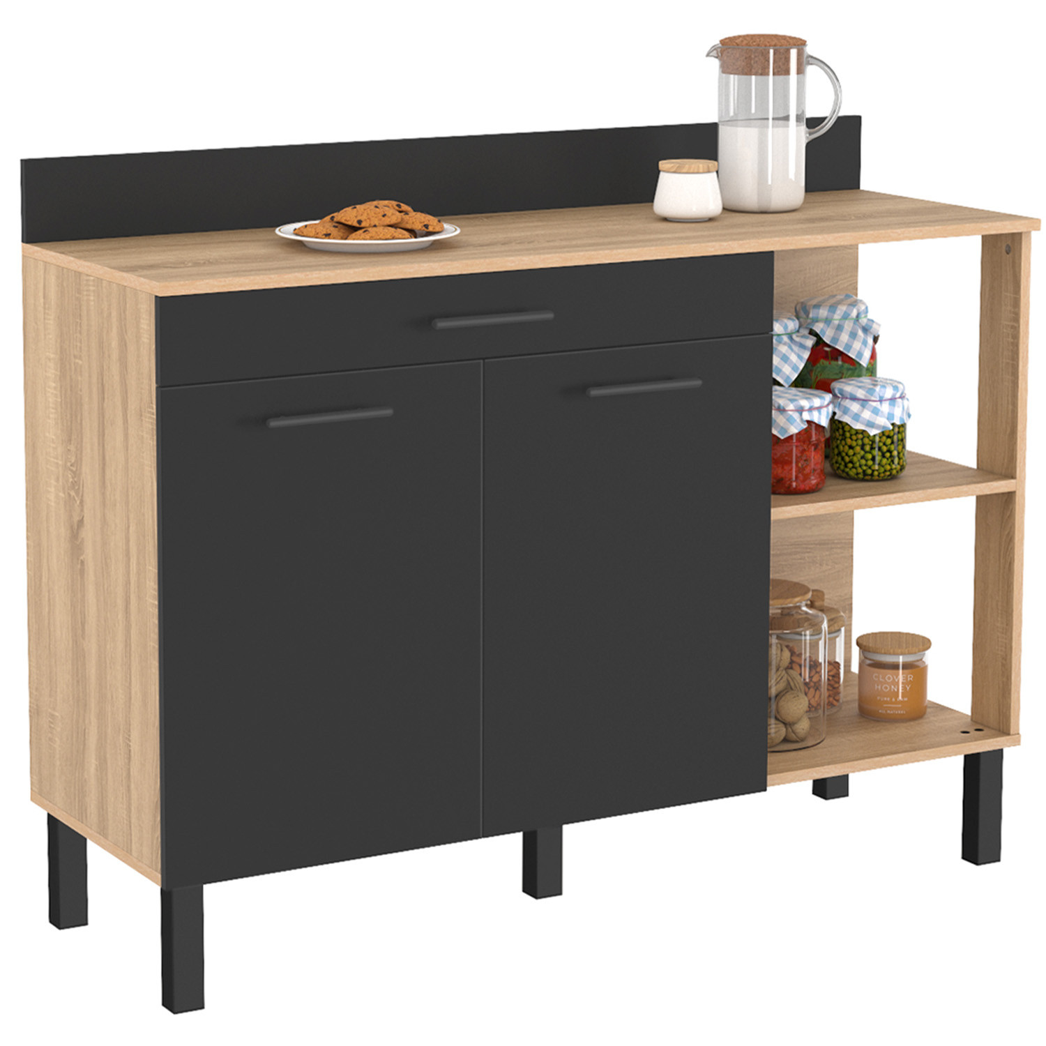 Buffet bas de cuisine bois façon hêtre 120 cm 2 portes + tiroir noir