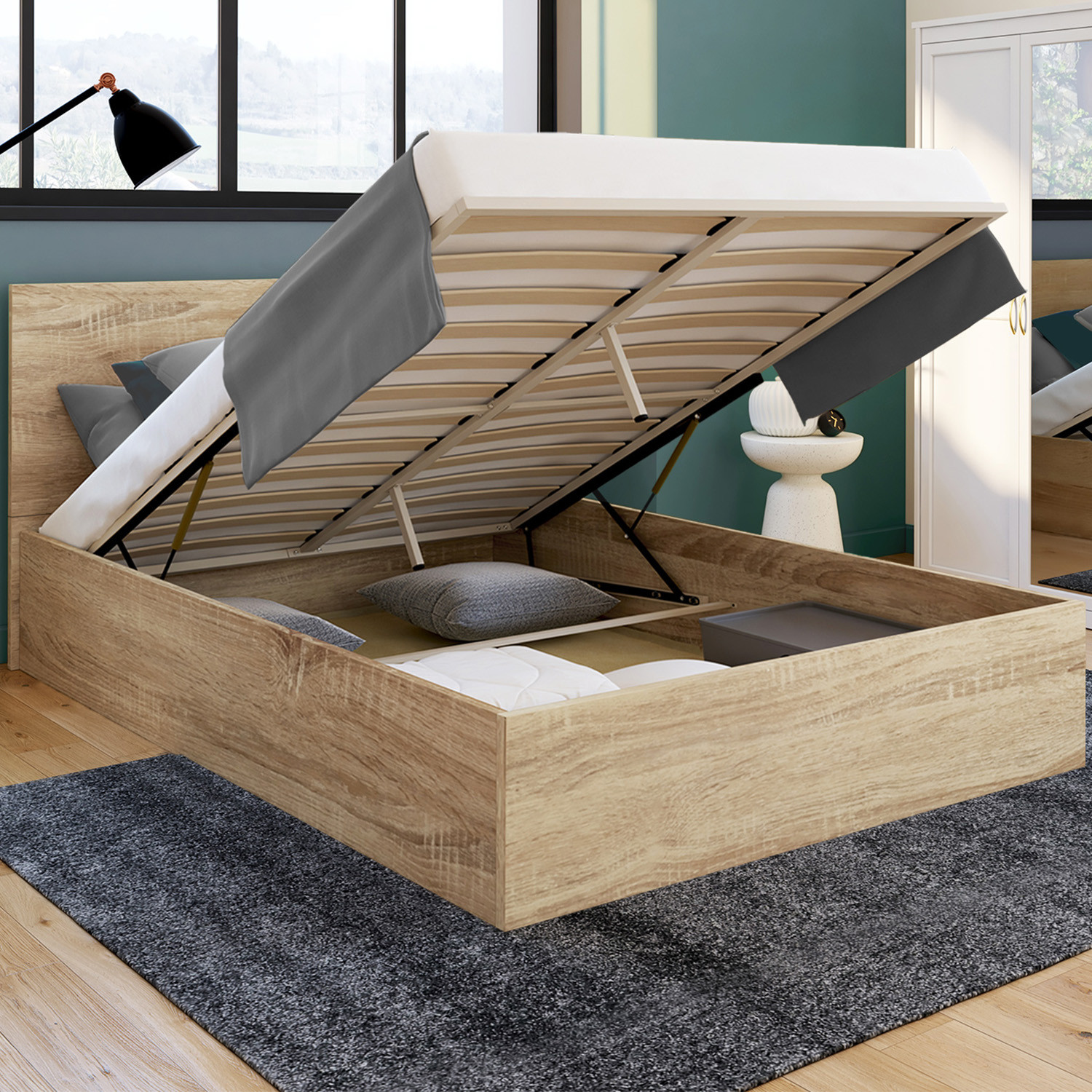 Lit coffre deux personnes 160 x 200 cm avec rangement XXL façon hêtre