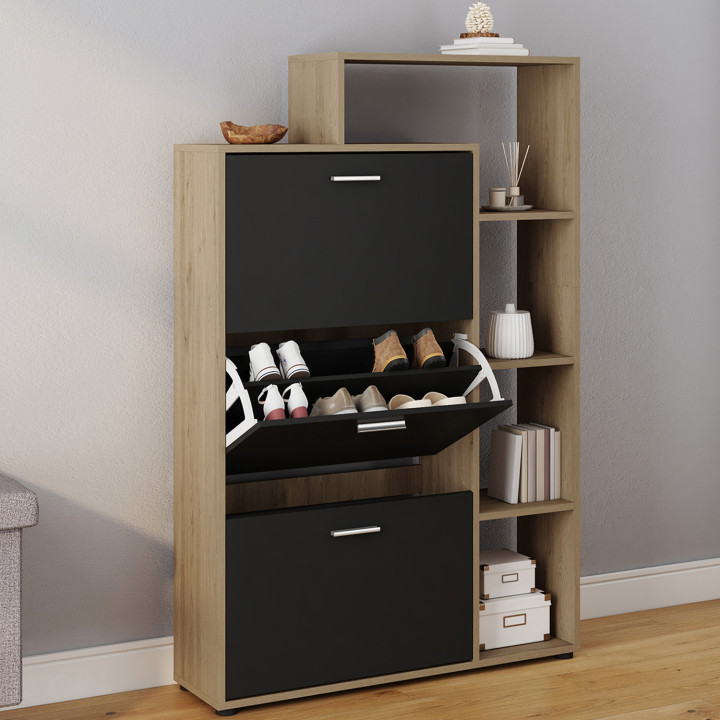 Mueble zapatero 3 puertas imitación haya y negro con estantes | ID Market
