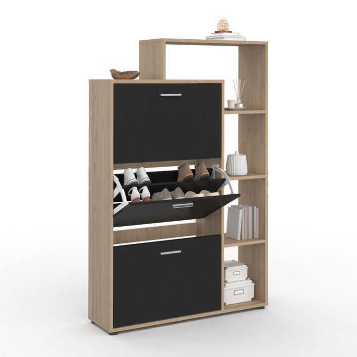 Mueble zapatero 3 puertas imitación haya y negro con estantes | ID Market