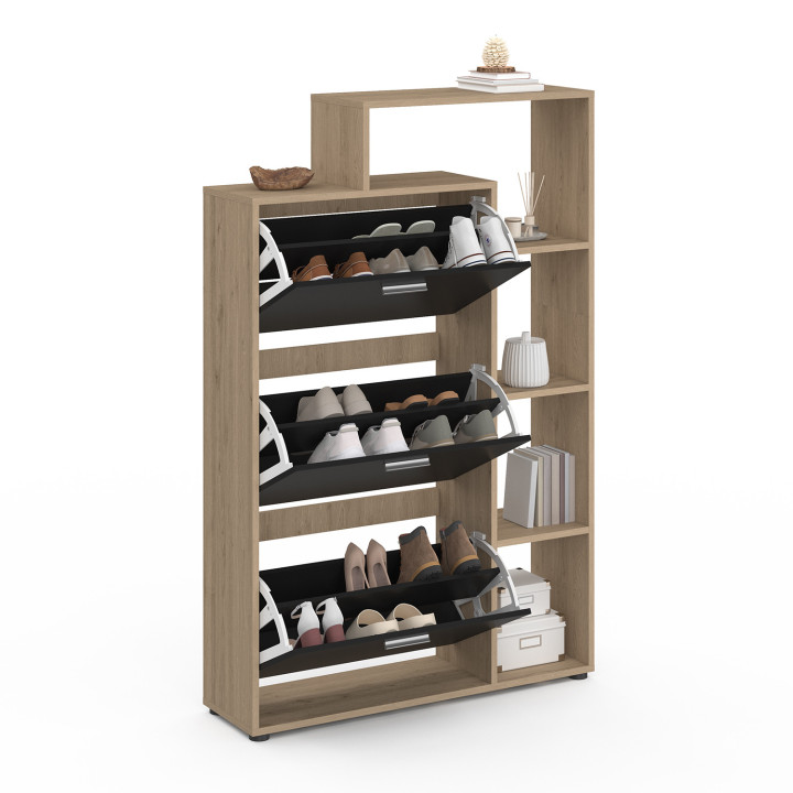 Mueble zapatero 3 puertas imitación haya y negro con estantes | ID Market