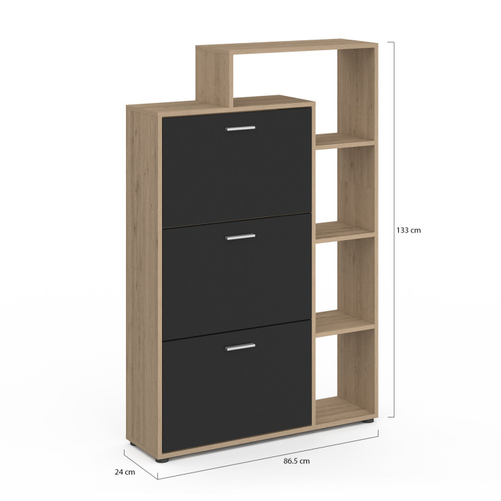 Mueble zapatero 3 puertas imitación haya y negro con estantes | ID Market