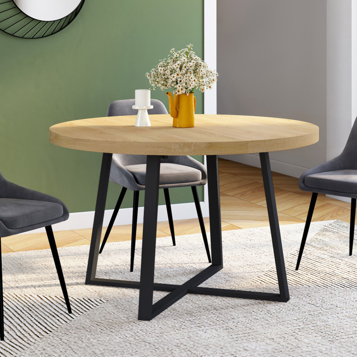 Mesa de comedor redonda extensible en madera y negro para 4-8 personas - SELMA |ID Market