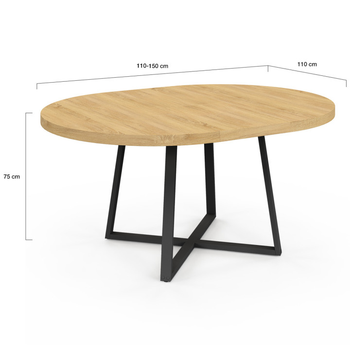 Mesa de comedor redonda extensible en madera y negro para 4-8 personas - SELMA |ID Market