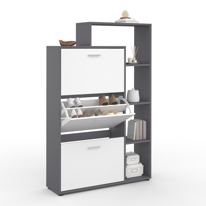 Mueble zapatero gris y blanco de 3 puertas con estantes | ID Market