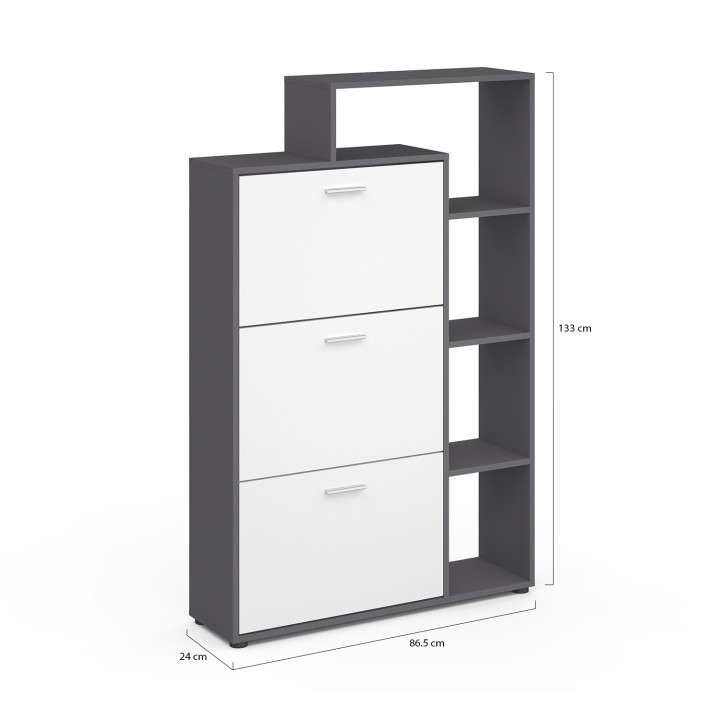 Mueble zapatero gris y blanco de 3 puertas con estantes | ID Market