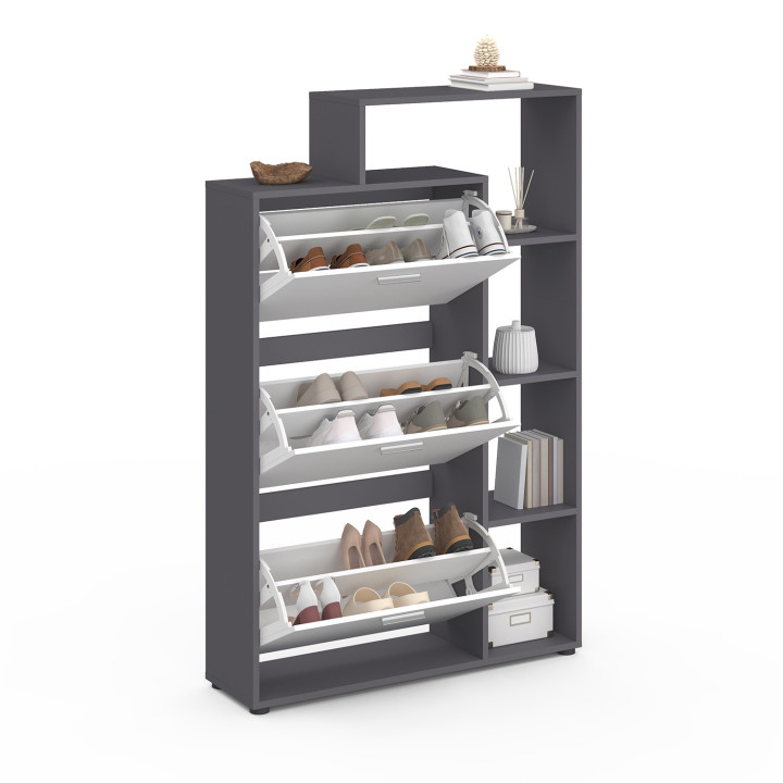 Mueble zapatero gris y blanco de 3 puertas con estantes | ID Market