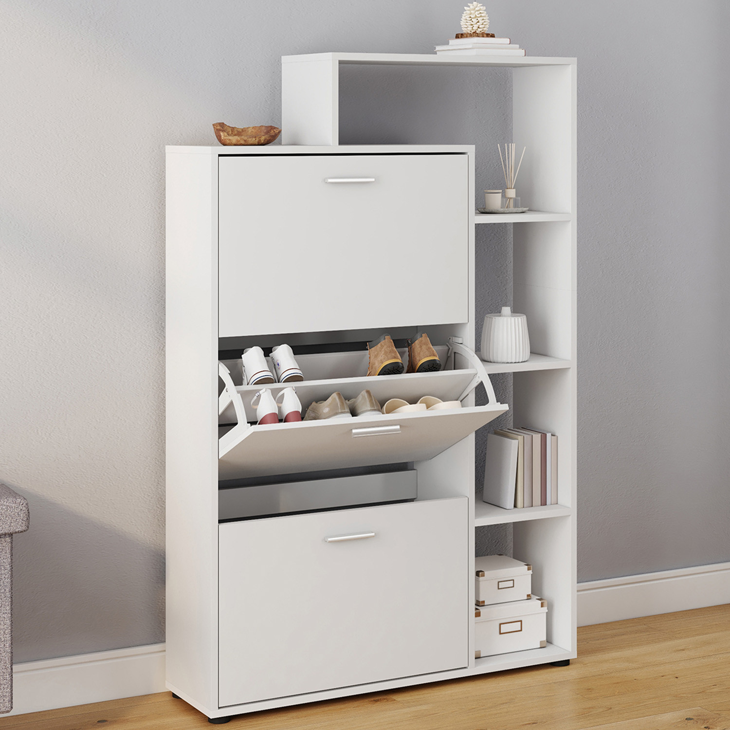Meuble à chaussures 3 portes avec étagère blanc