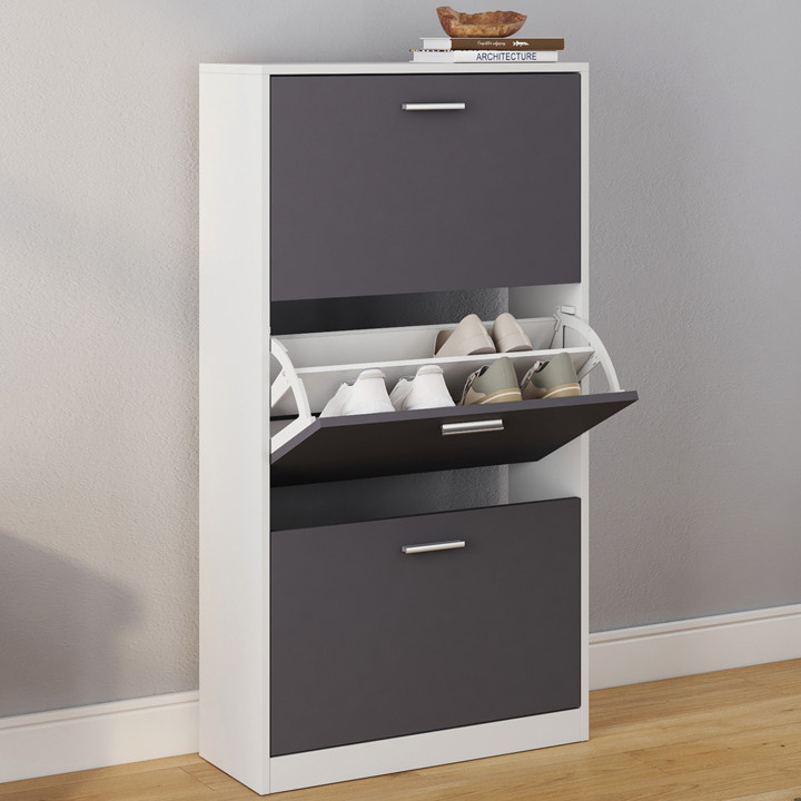 Mueble zapatero blanco barato con 3 puertas grises | ID Market