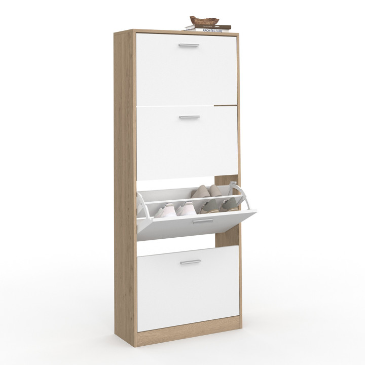 Mueble zapatero de 4 puertas imitación haya y blanco | ID Market