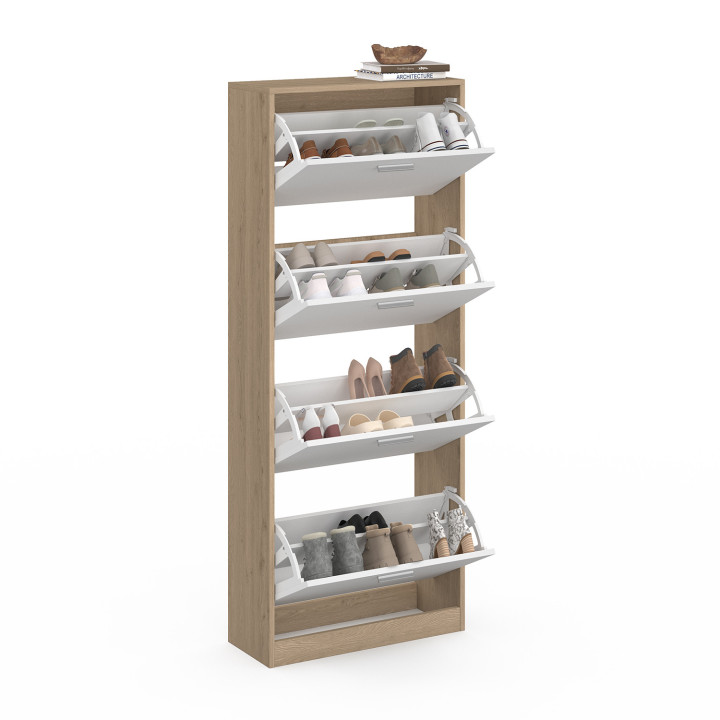 Mueble zapatero de 4 puertas imitación haya y blanco | ID Market