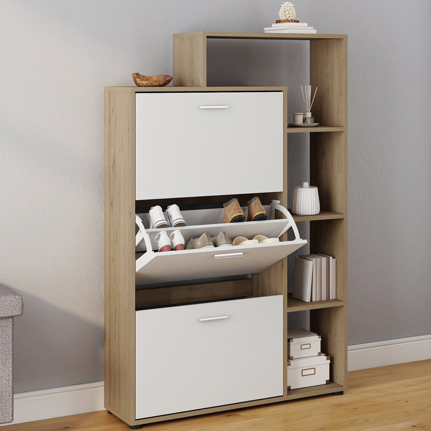 Meuble à chaussures hêtre et blanc 3 portes avec étagères | ID Market