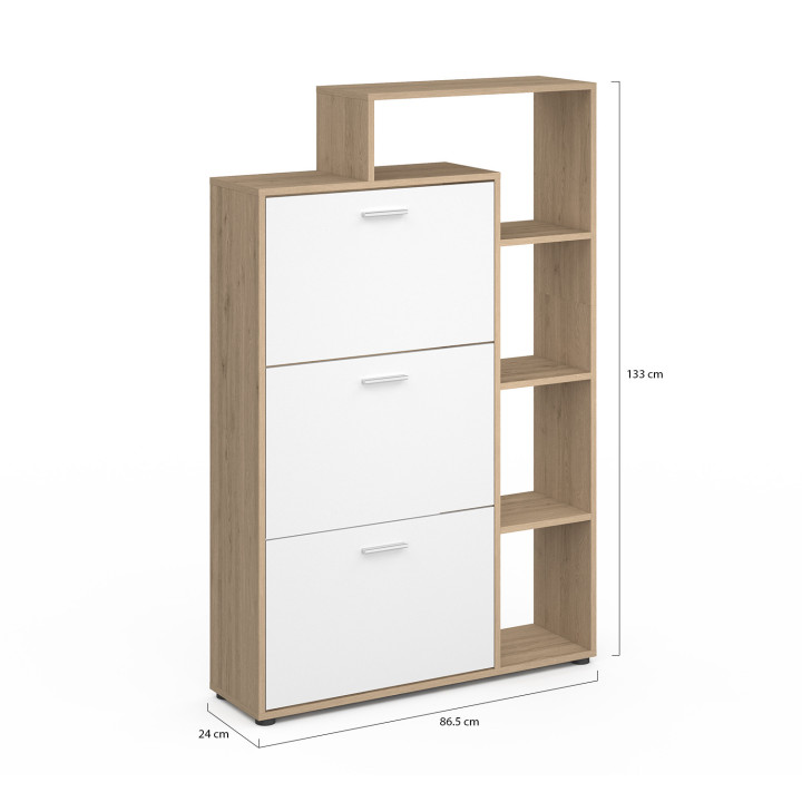 Mueble zapatero de 3 puertas en haya y blanco con estantes | ID Market
