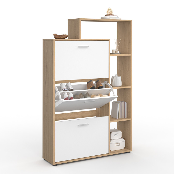 Mueble zapatero de 3 puertas en haya y blanco con estantes | ID Market