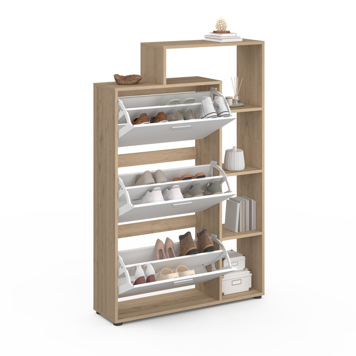 Mueble zapatero de 3 puertas en haya y blanco con estantes | ID Market